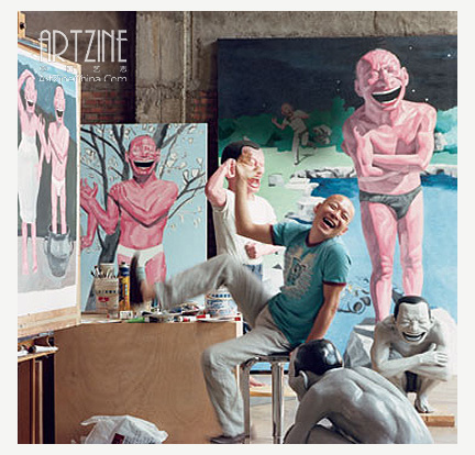 Yue Minjun, in his Beijing studio, surrounded by self-portraits