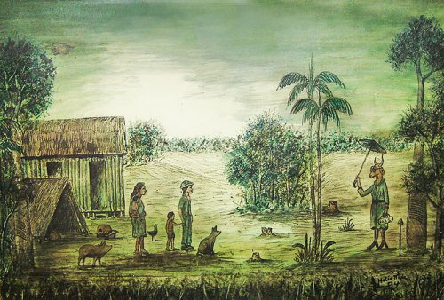 Family and woman-cow