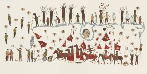 200520dzama1830_200 14 of 44 Bloomsday 2005 Ink and watercolor on paper Image Size: Frame: 61 1/8 x 34 x 1 3/4 inches 155.3 x 86.4 x 4.4 cm 10-part drawing, overall dimensions: 55 x 28 inches 139.7 x 71.1 cm Each drawing: 14 x 11 inches 35.6 x 27.9 cm DZAMA1830 show full screen