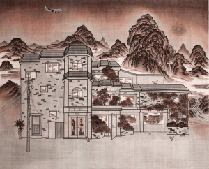 Bomin Kim, ‘Corner House’, 2011, tape, pieces of dyed linen and Korean ink on linen, 162 x 130 cm., at Doosan Gallery, New York, USA. Image courtesy Doosan Gallery.